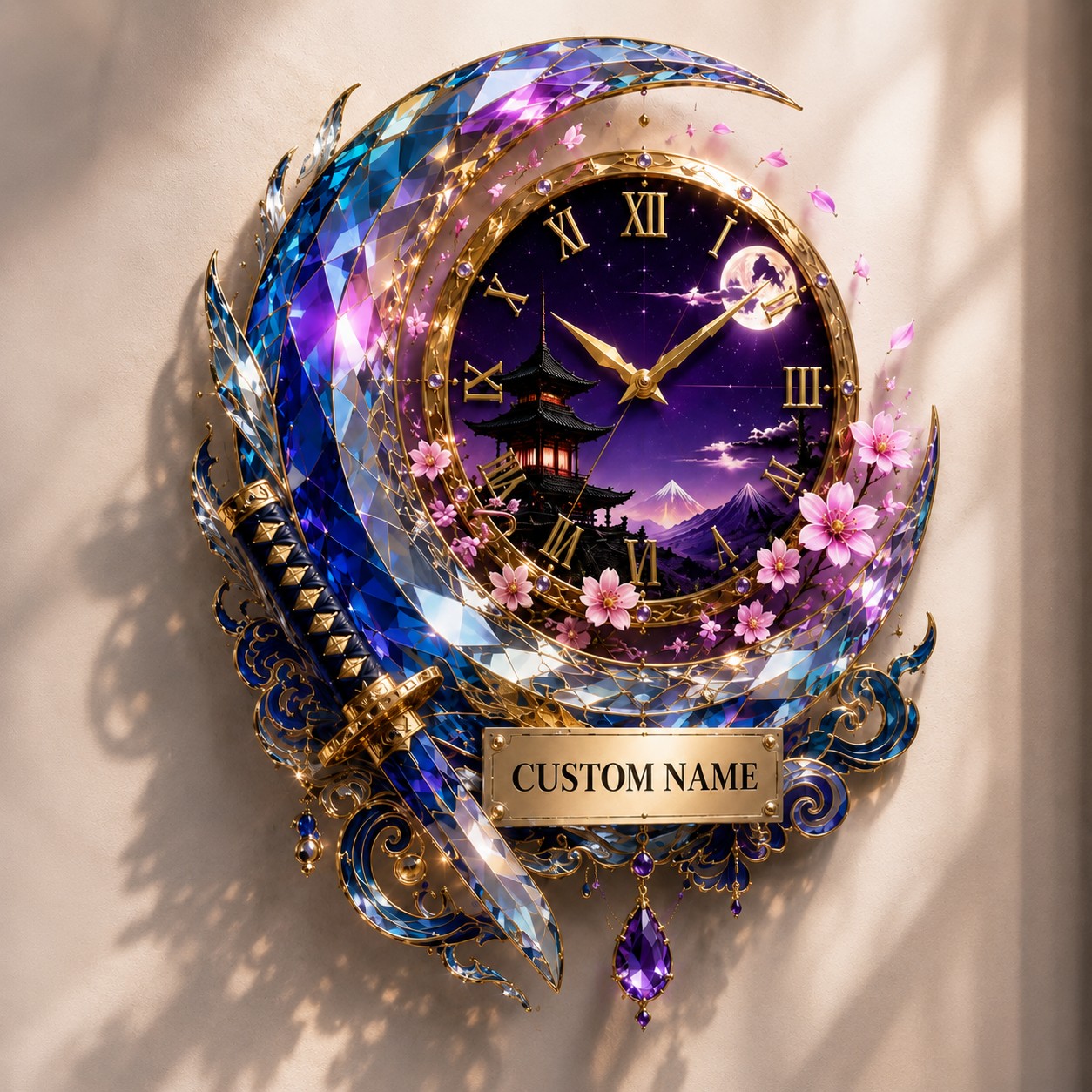 Personalized Crescent Katana Wall Clock with Custom Name — personalized with a custom name