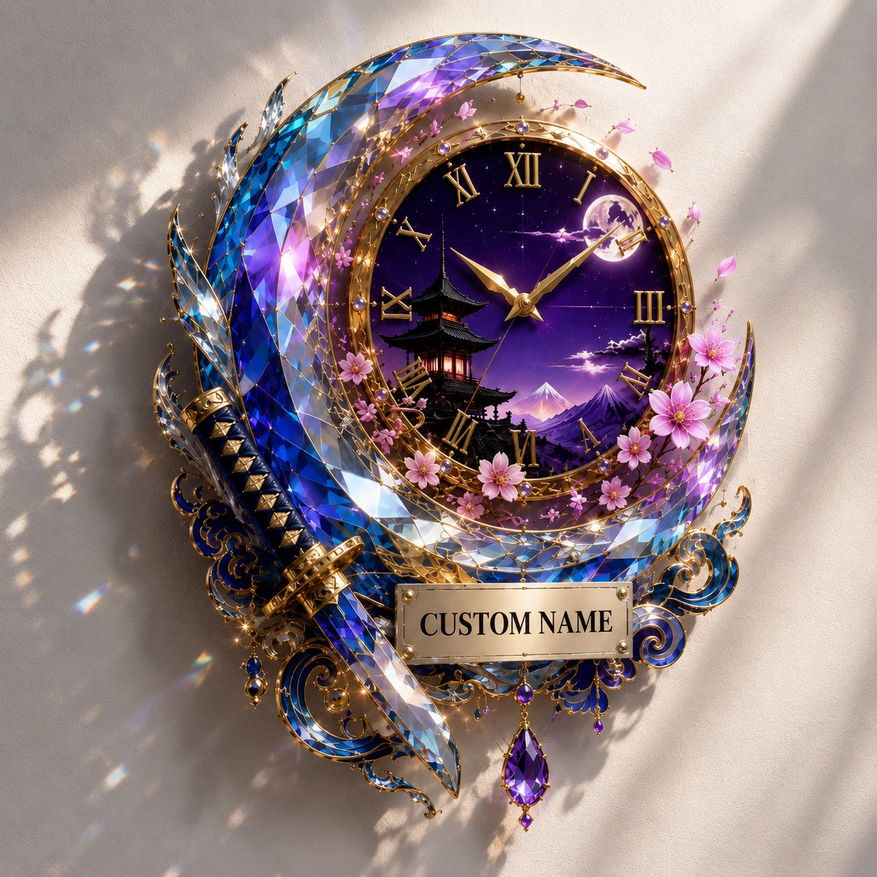Personalized Crescent Katana Wall Clock with Custom Name — personalized with a custom name
