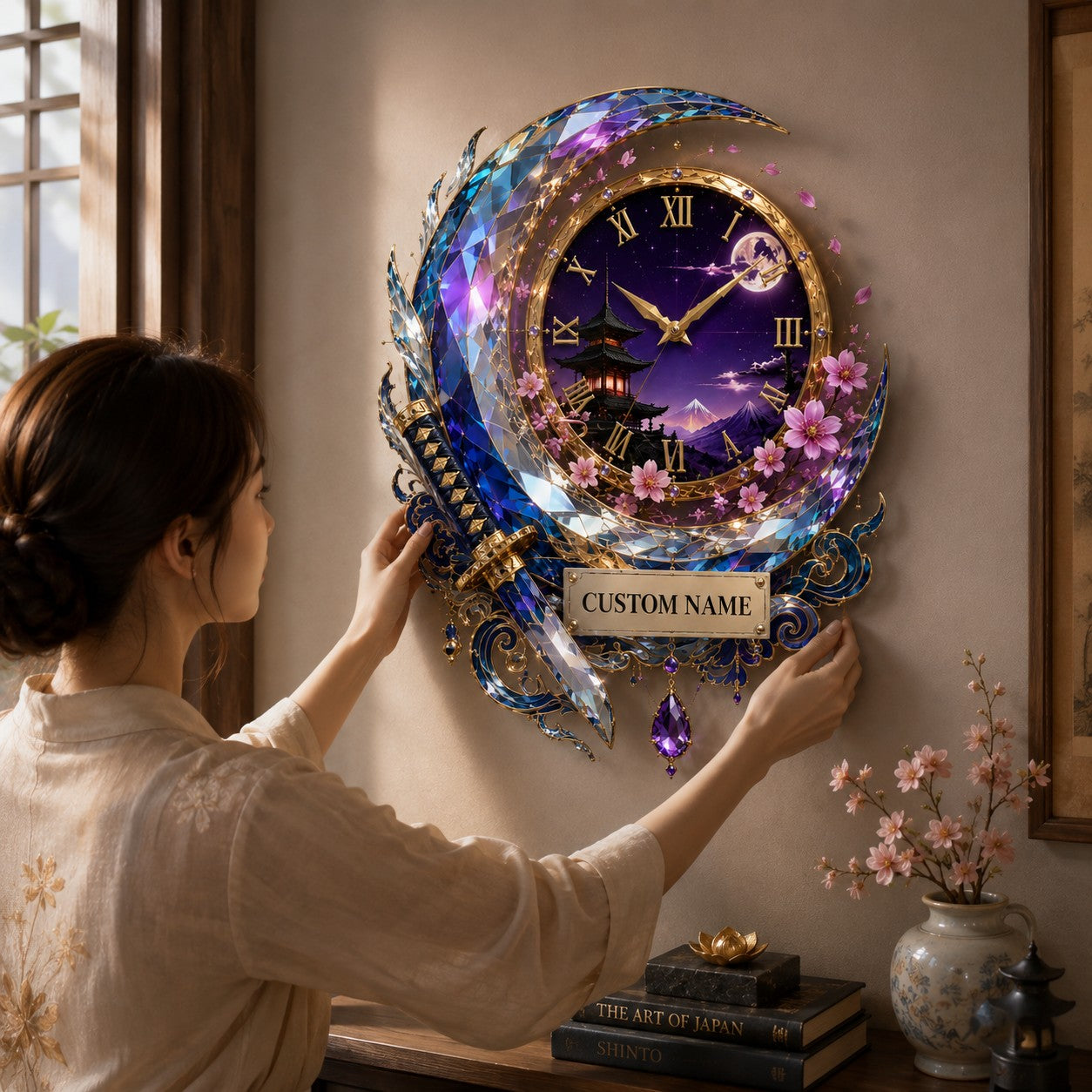 Personalized Crescent Katana Wall Clock with Custom Name — personalized with a custom name