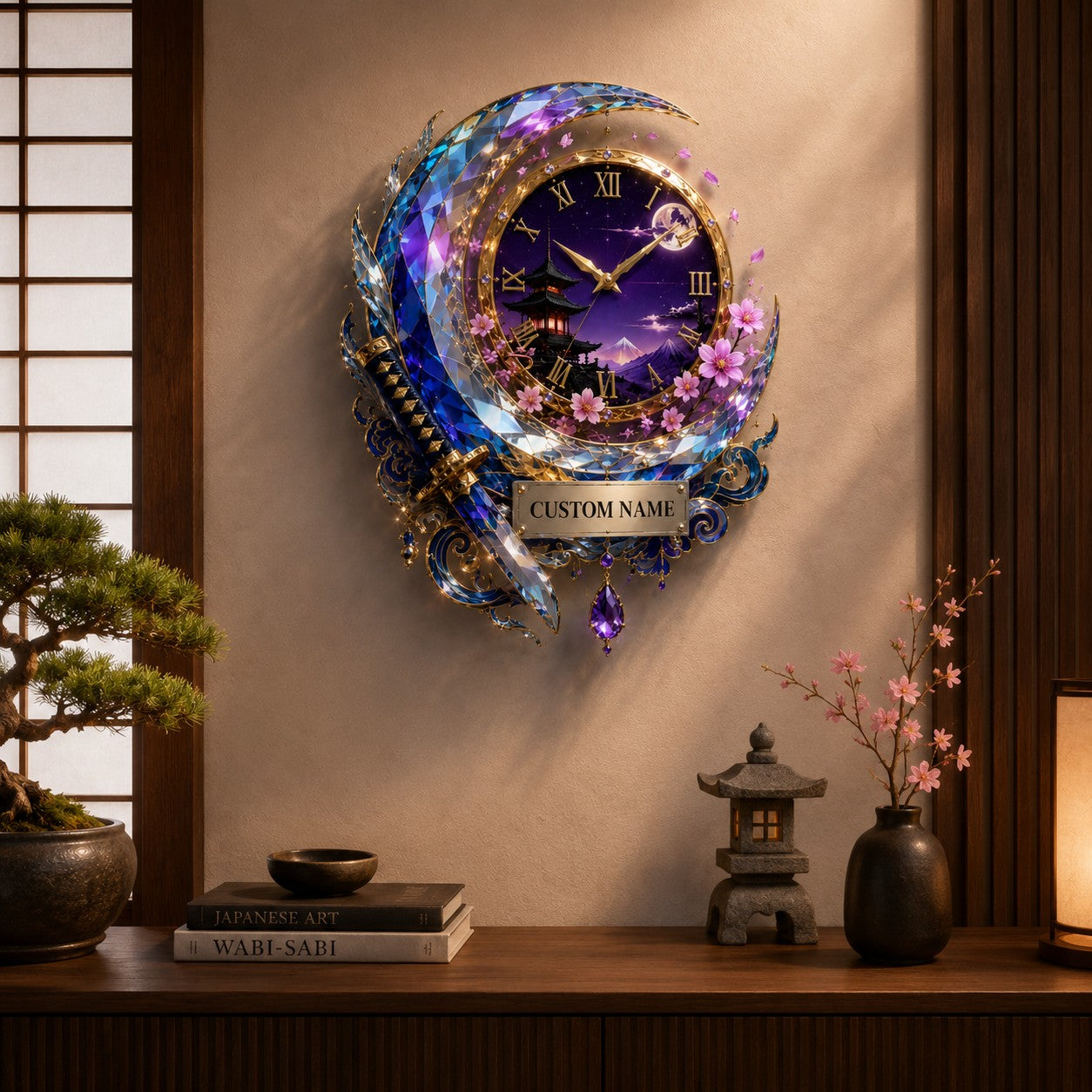 Personalized Crescent Katana Wall Clock with Custom Name — personalized with a custom name