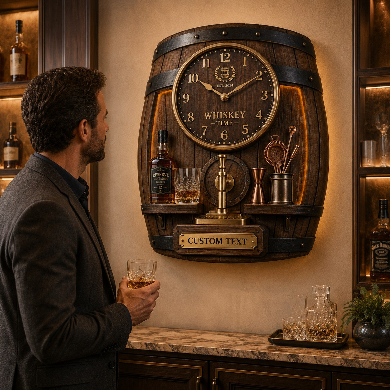 Personalized Whiskey Barrel Wall Clock with Custom Name — personalized with a custom name