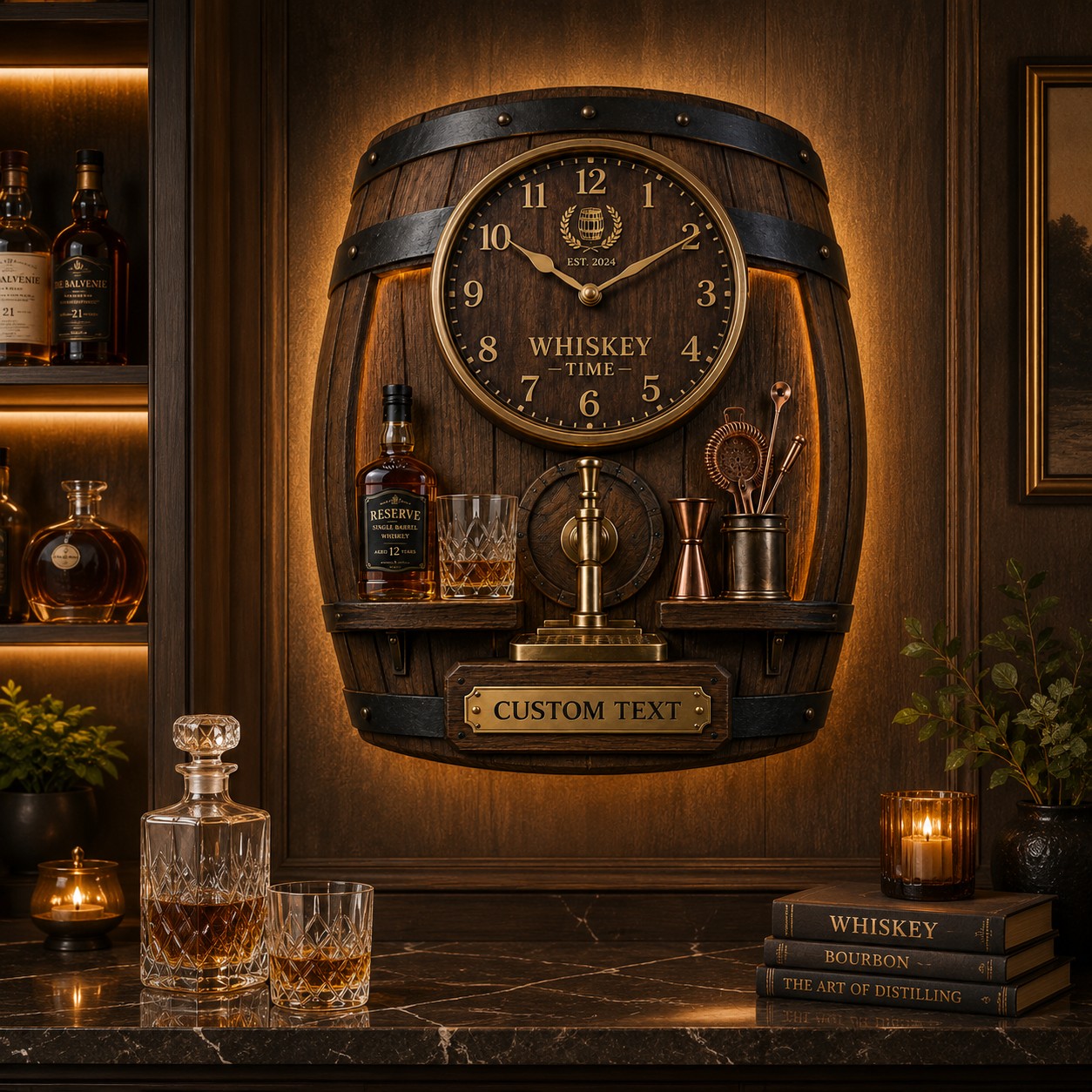 Personalized Whiskey Barrel Wall Clock with Custom Name — personalized with a custom name