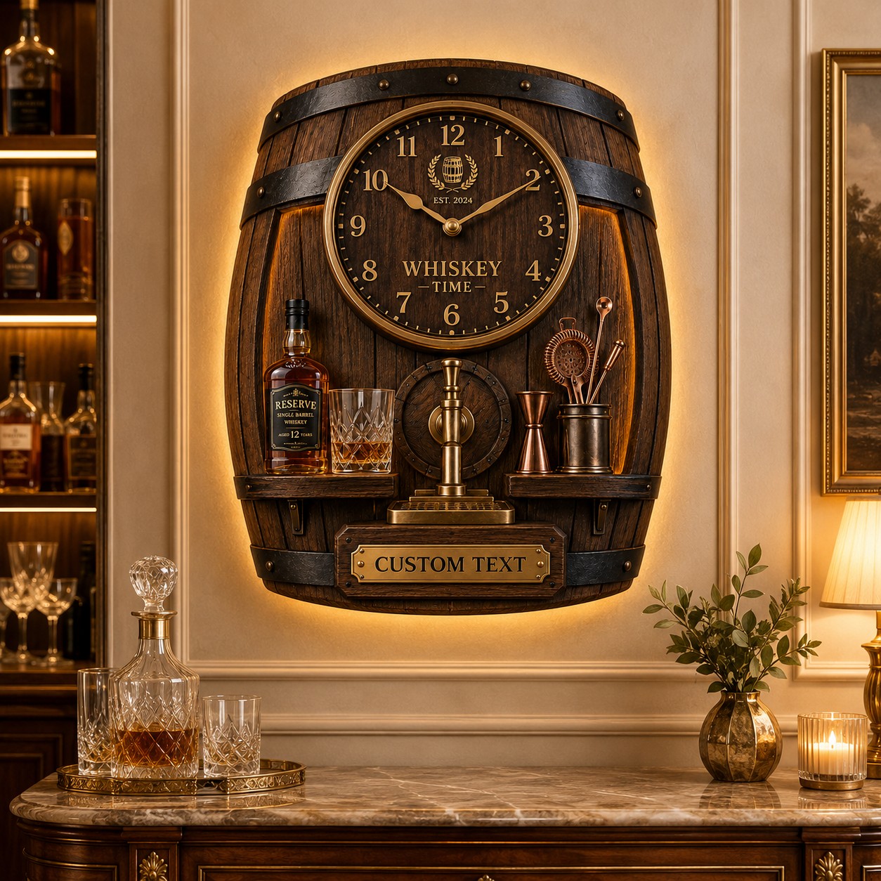 Personalized Whiskey Barrel Wall Clock with Custom Name — personalized with a custom name