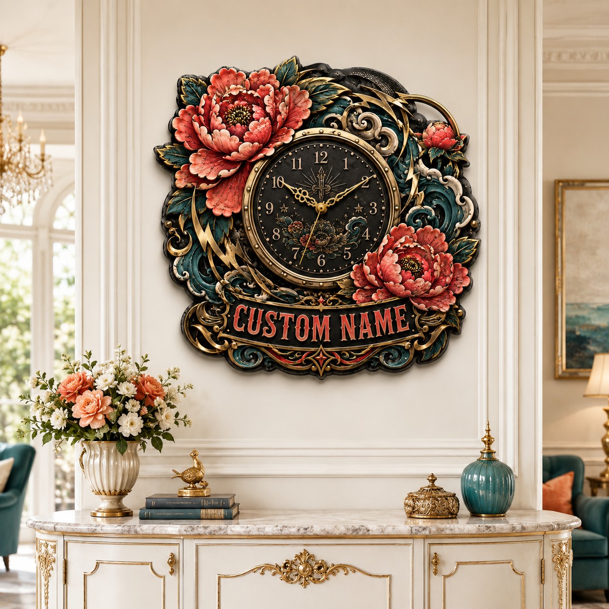 Personalized Peony Tattoo Wall Clock with Custom Name — personalized with a custom name