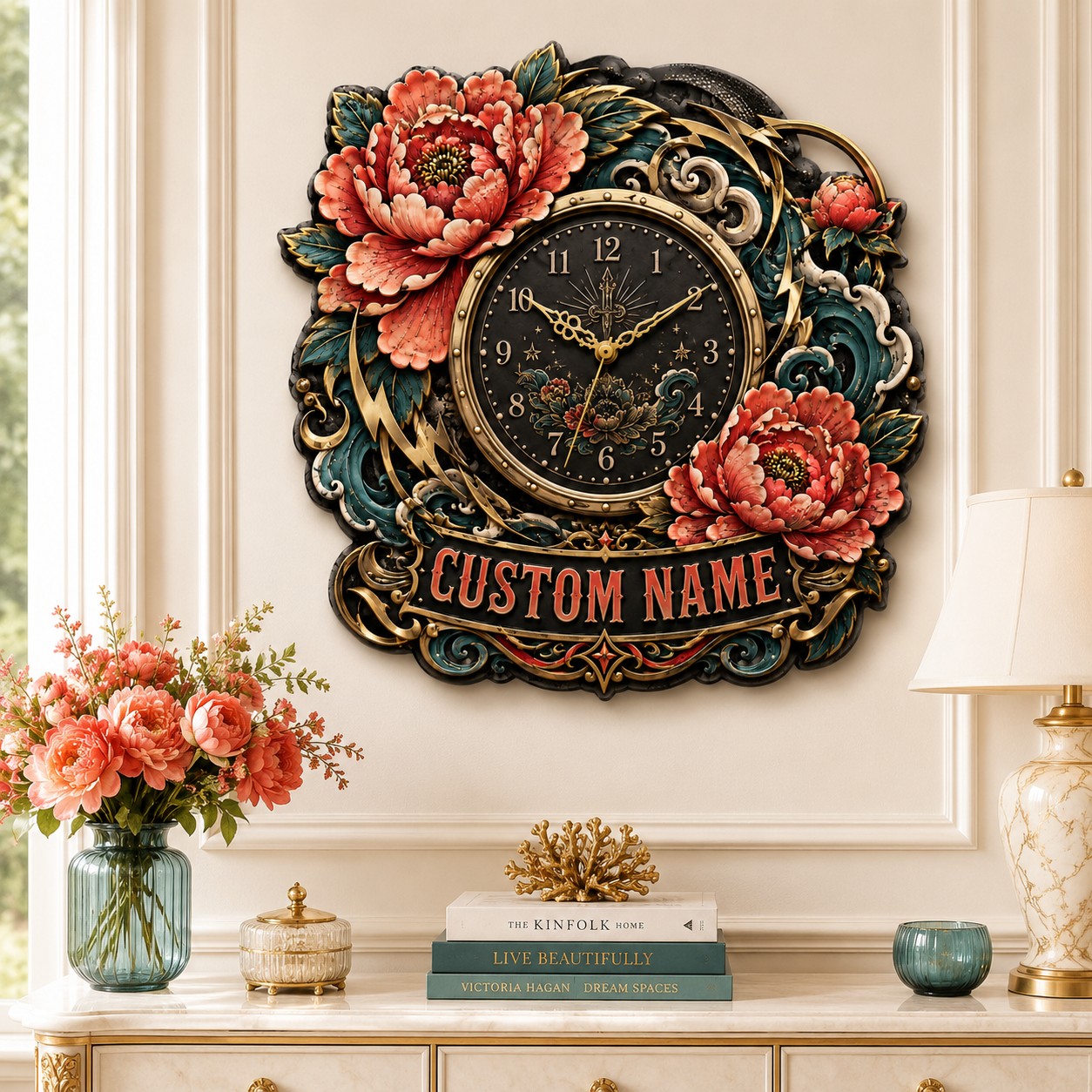 Personalized Peony Tattoo Wall Clock with Custom Name — personalized with a custom name