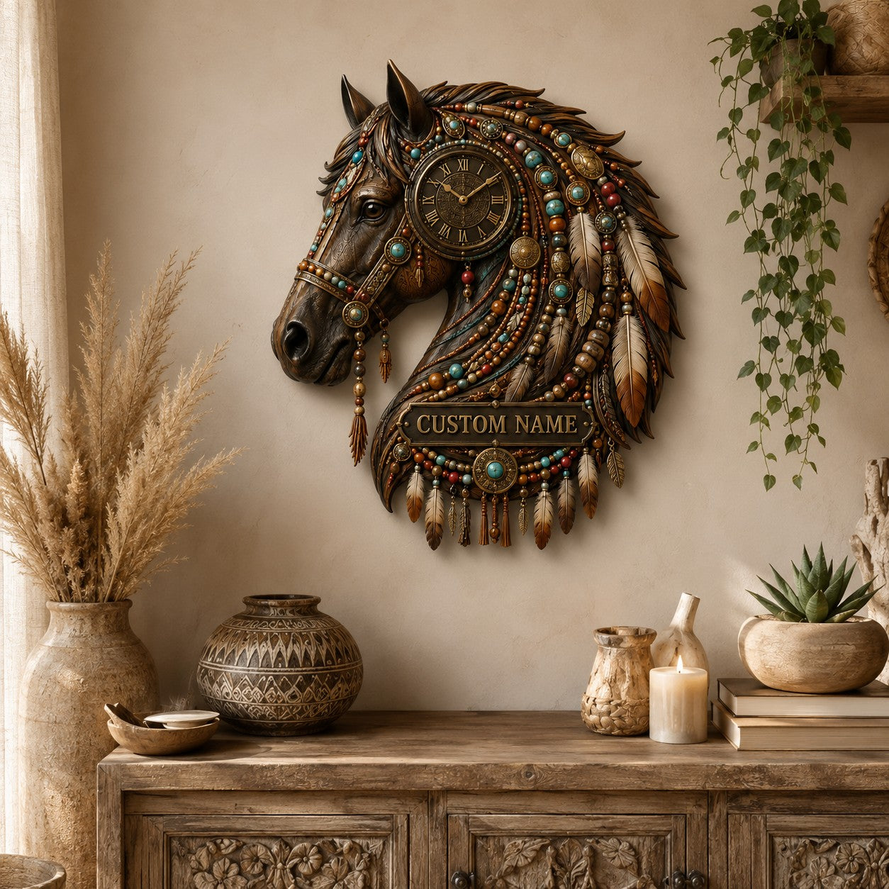 Personalized Boho Western Wall Clock with Custom Name — personalized with a custom name