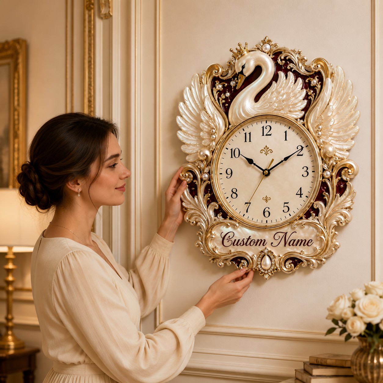 Personalized Crowned Swan Wall Clock with Custom Name — personalized with a custom name