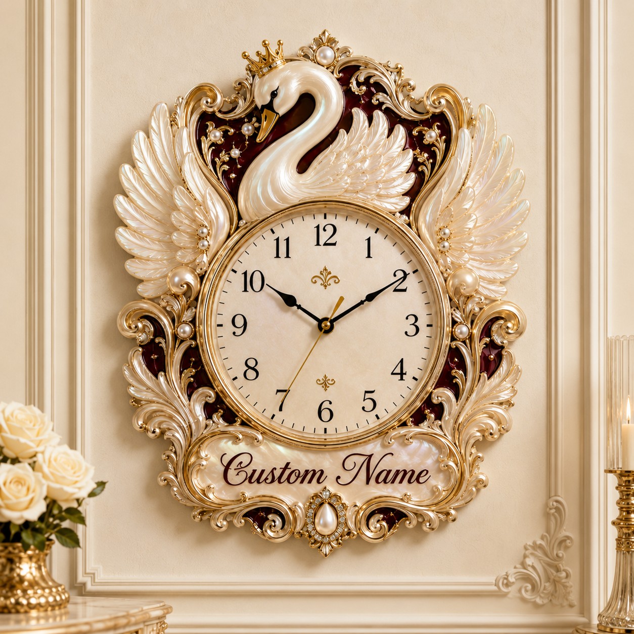 Personalized Crowned Swan Wall Clock with Custom Name — personalized with a custom name