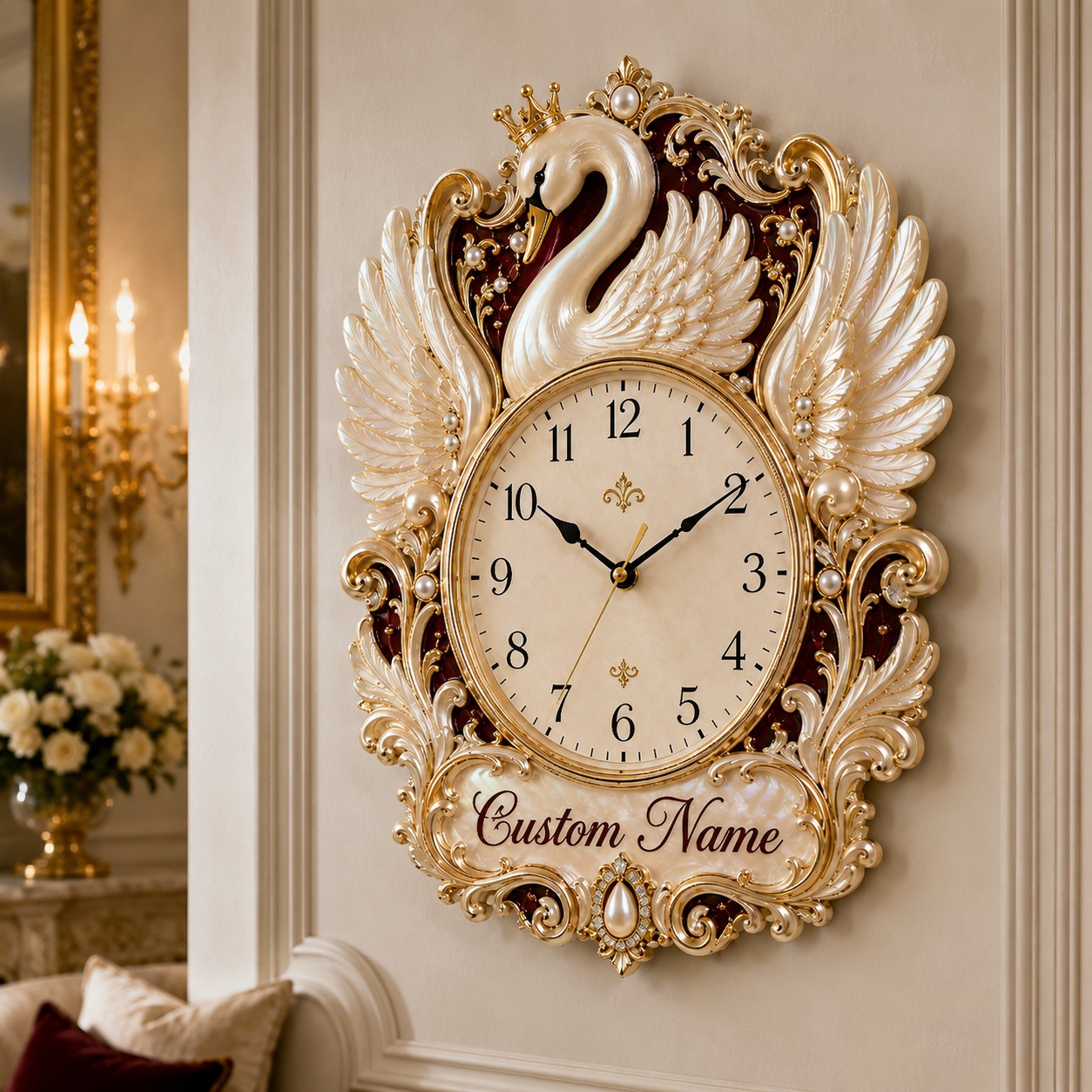Personalized Crowned Swan Wall Clock with Custom Name — personalized with a custom name