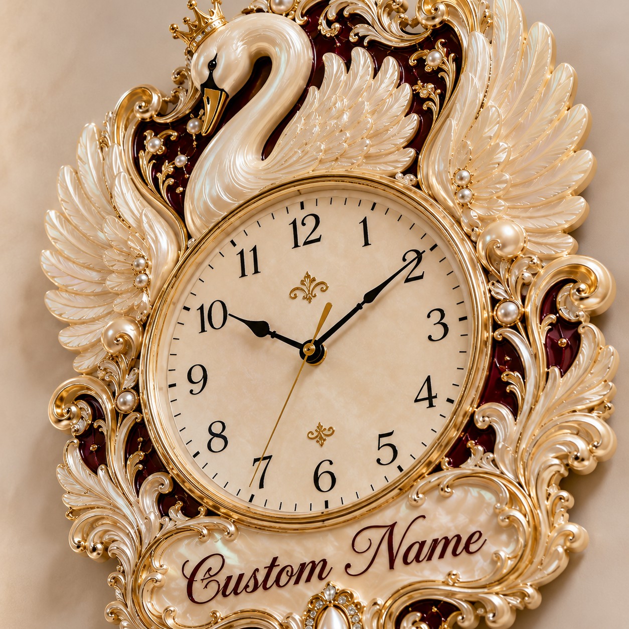 Personalized Crowned Swan Wall Clock with Custom Name — personalized with a custom name