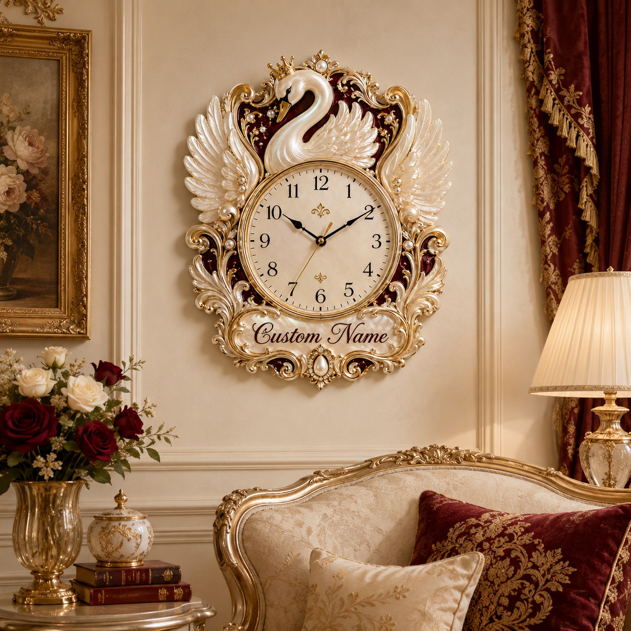Personalized Crowned Swan Wall Clock with Custom Name — personalized with a custom name