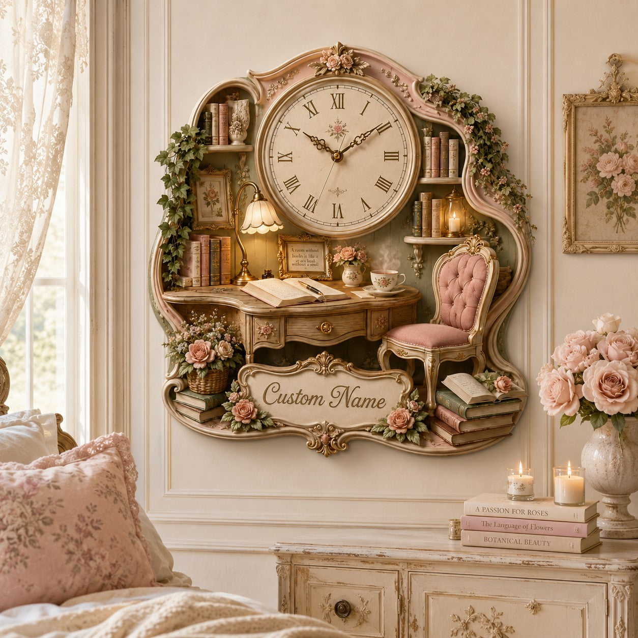 Personalized Romantic Readers Wall Clock with Custom Name — personalized with a custom name