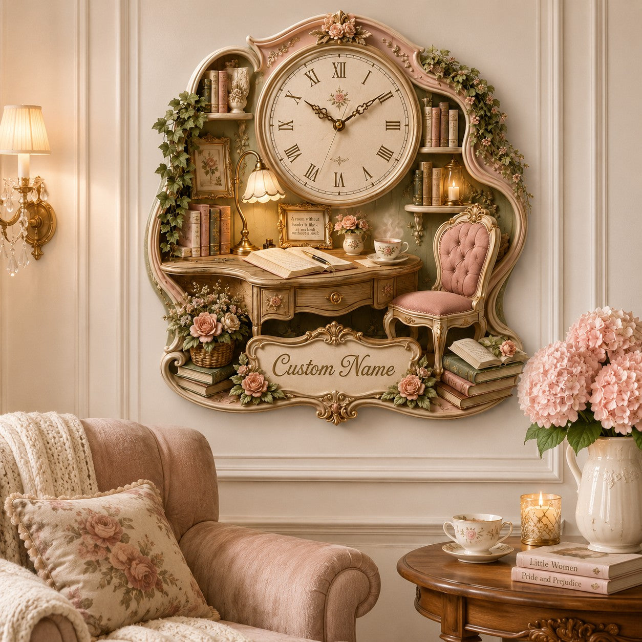 Personalized Romantic Readers Wall Clock with Custom Name — personalized with a custom name