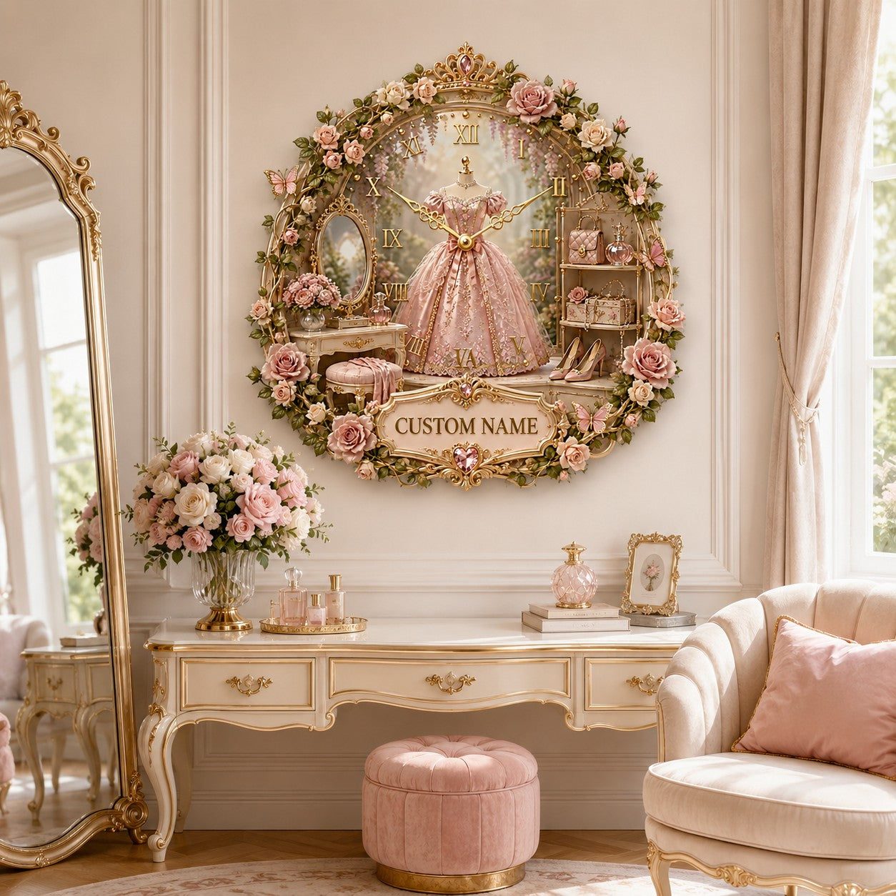 Personalized Princess Garden Wall Clock with Custom Name — personalized with a custom name