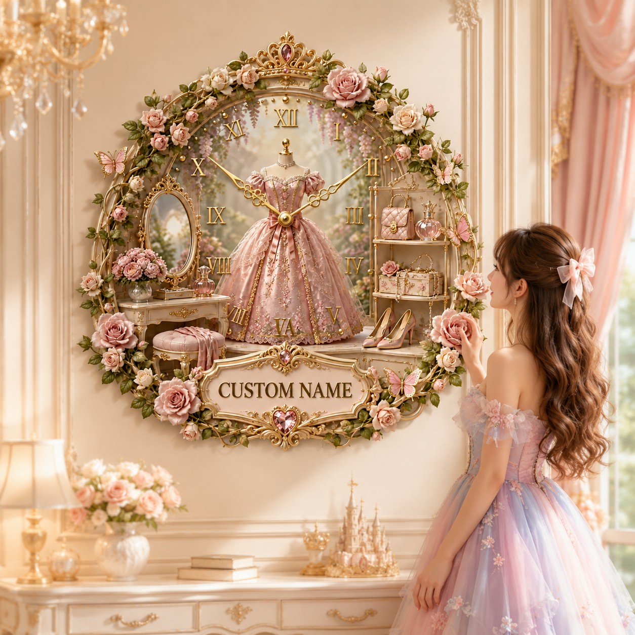 Personalized Princess Garden Wall Clock with Custom Name — personalized with a custom name
