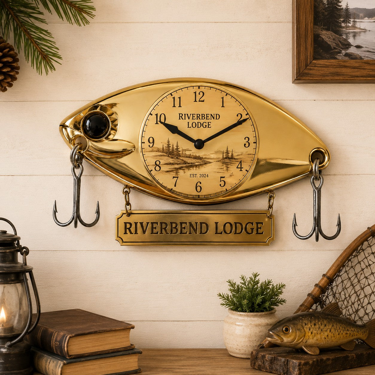 Personalized Fishing Lure Wall Clock, Custom Name Gift for Anglers (Design 2) — personalized with a custom name