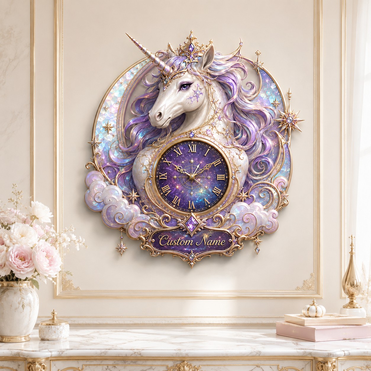 Personalized Lavender Unicorn Wall Clock with Custom Name — personalized with a custom name