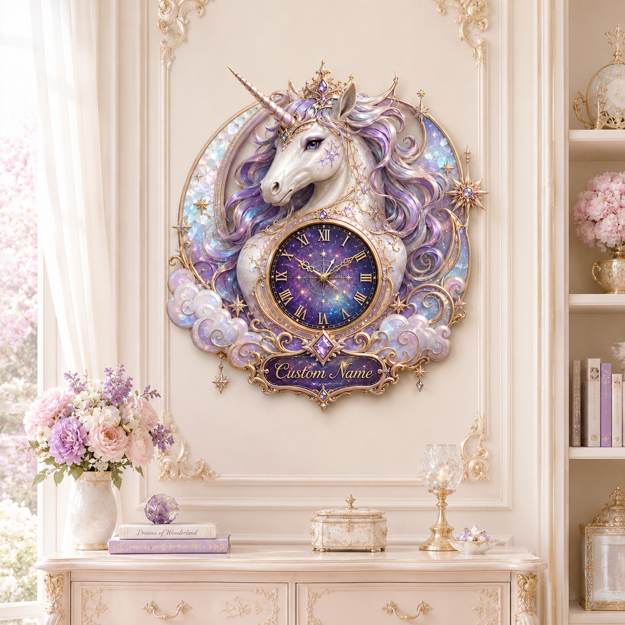 Personalized Lavender Unicorn Wall Clock with Custom Name — personalized with a custom name