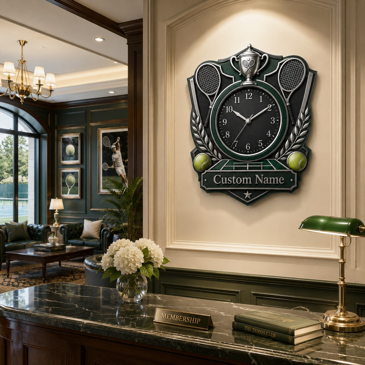 Personalized Tennis Wall Clock with Custom Name — personalized with a custom name