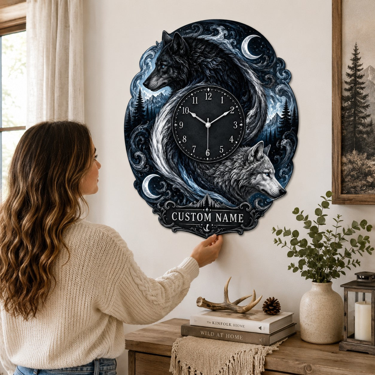 Personalized Twin Wolf Wall Clock with Custom Name — personalized with a custom name