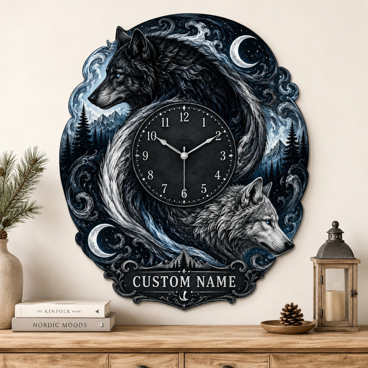 Personalized Twin Wolf Wall Clock with Custom Name — personalized with a custom name