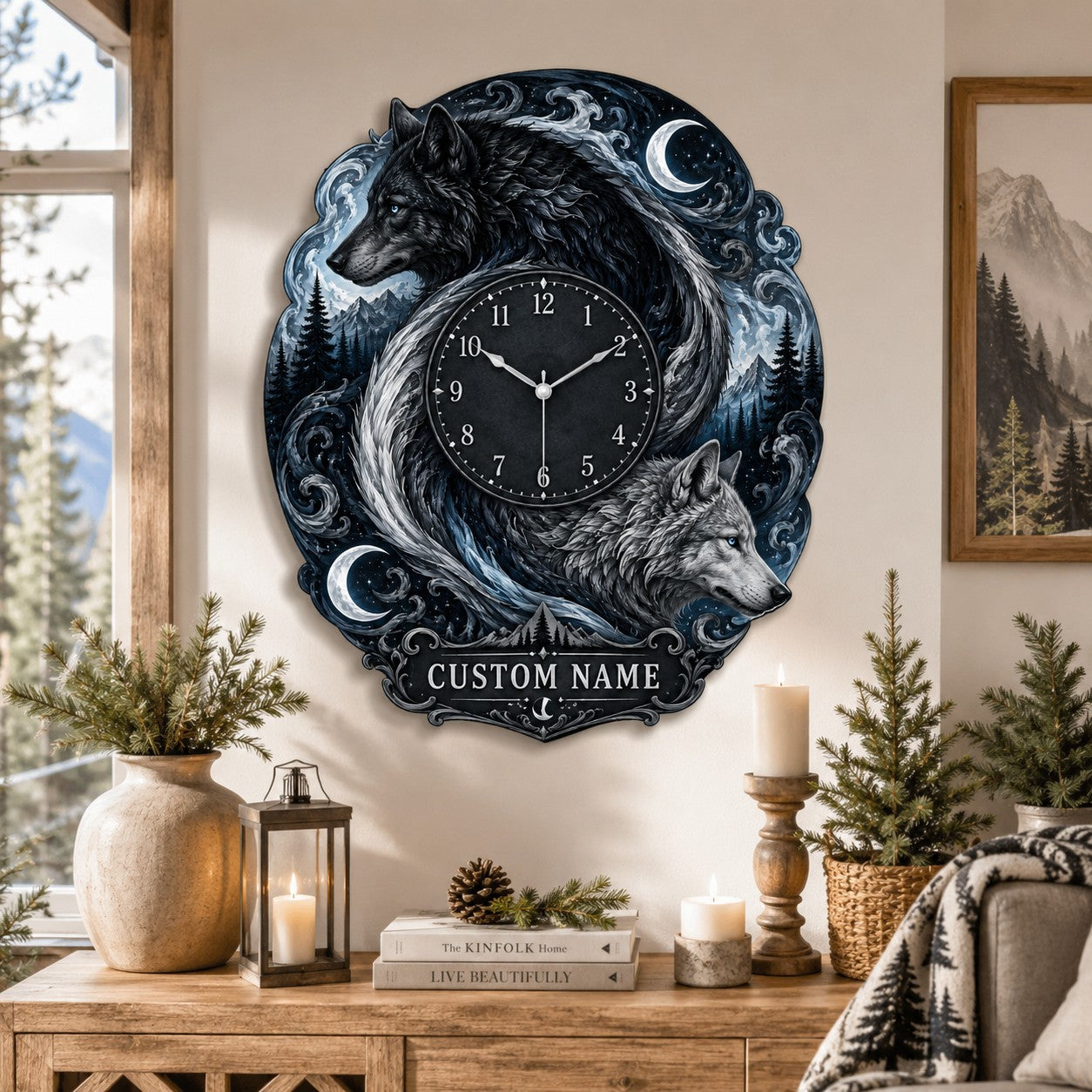 Personalized Twin Wolf Wall Clock with Custom Name — personalized with a custom name
