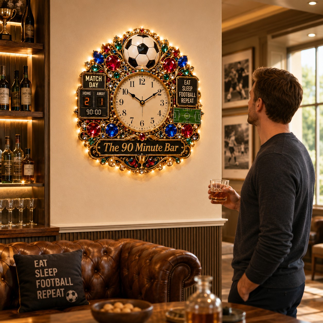 Personalized Soccer Pub Wall Clock, Custom Name Gift for Soccer Fans — personalized with a custom name