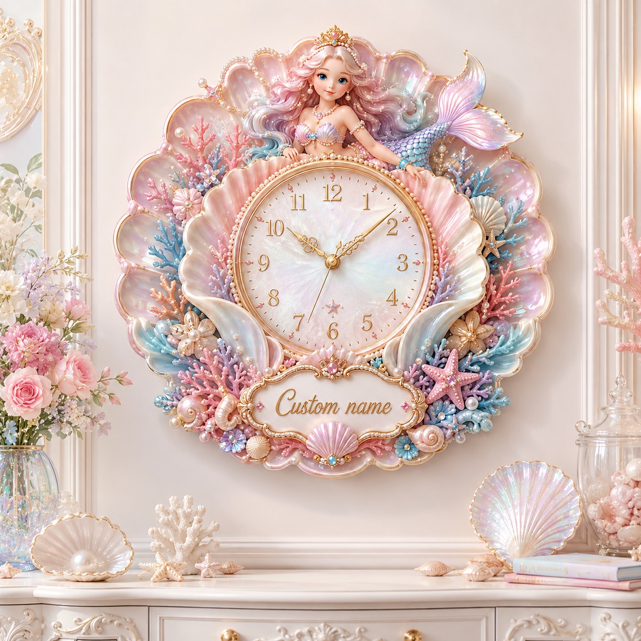 Personalized Pink Mermaid Nursery Wall Clock with Custom Name — personalized with a custom name