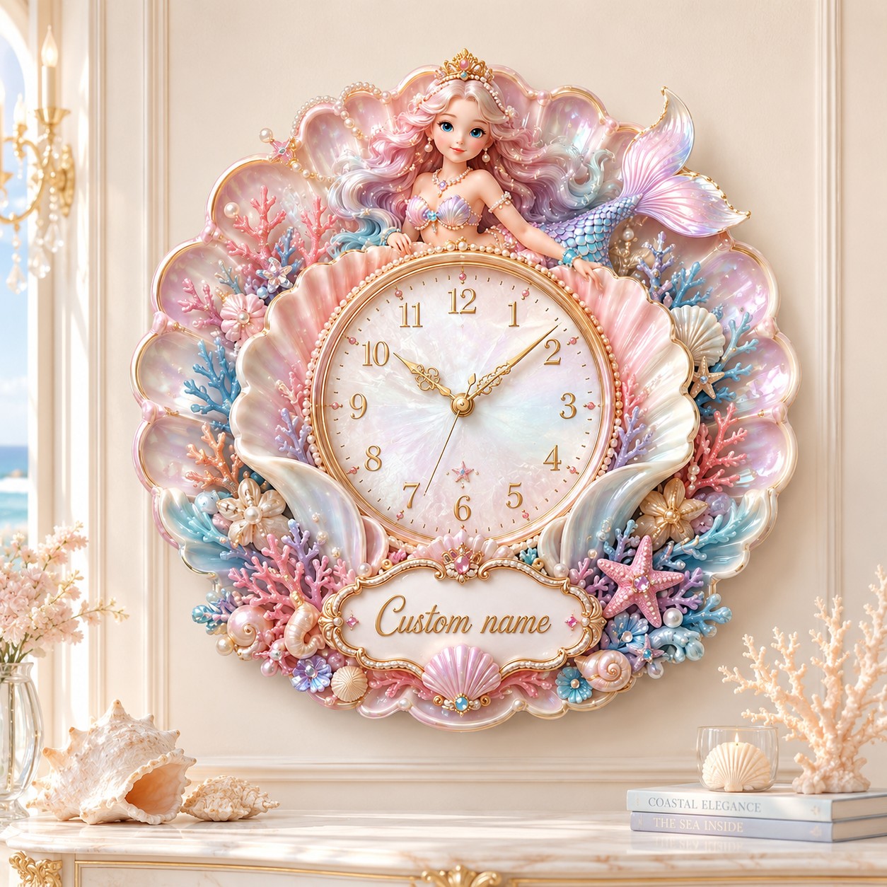 Personalized Pink Mermaid Nursery Wall Clock with Custom Name — personalized with a custom name