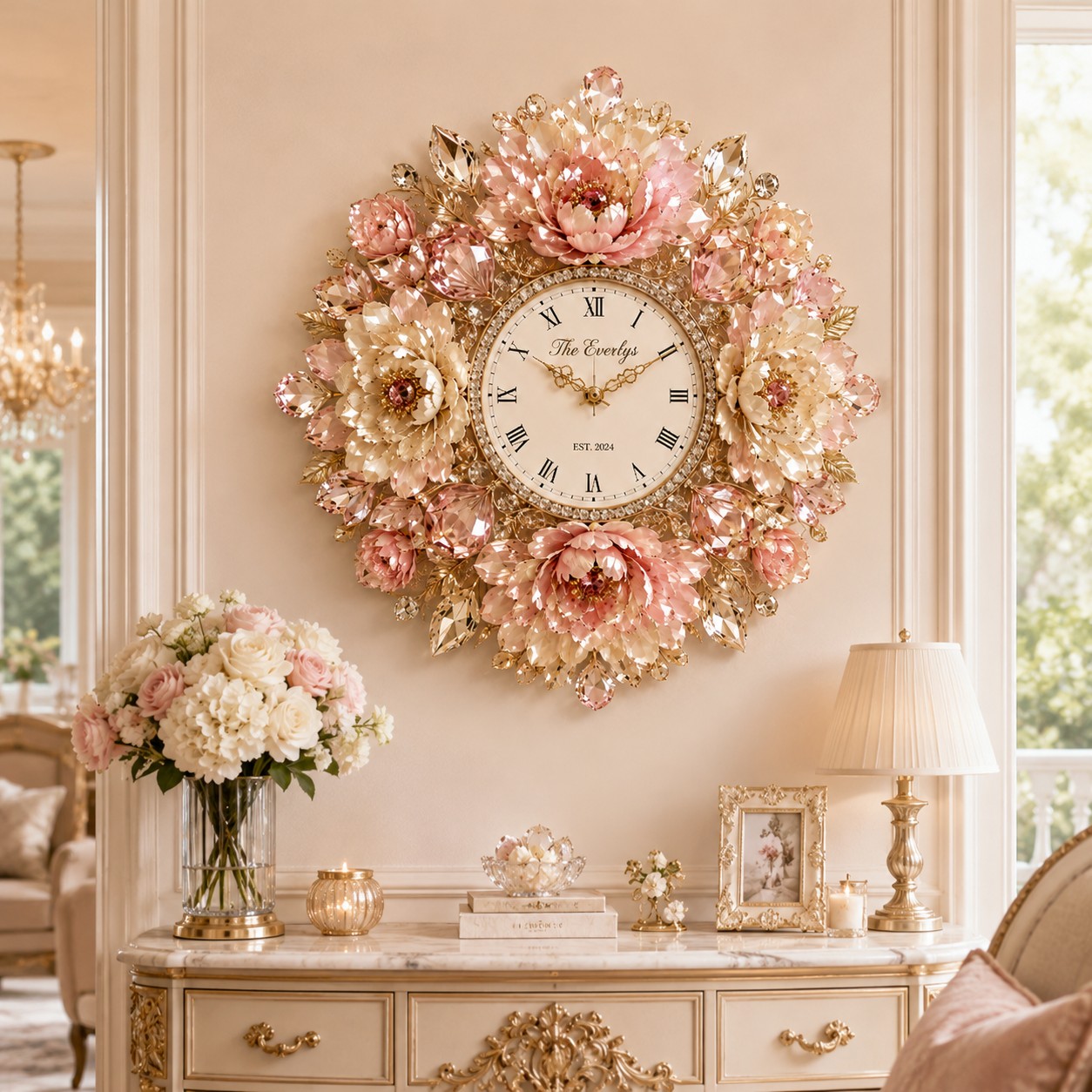 Personalized Peony Wall Clock with Custom Name — personalized with a custom name