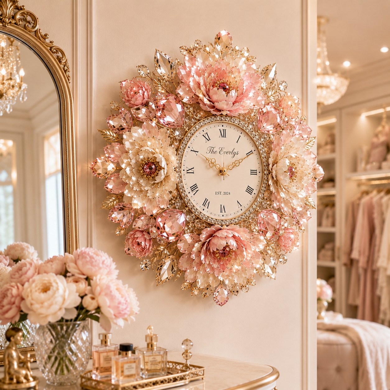 Personalized Peony Wall Clock with Custom Name — personalized with a custom name