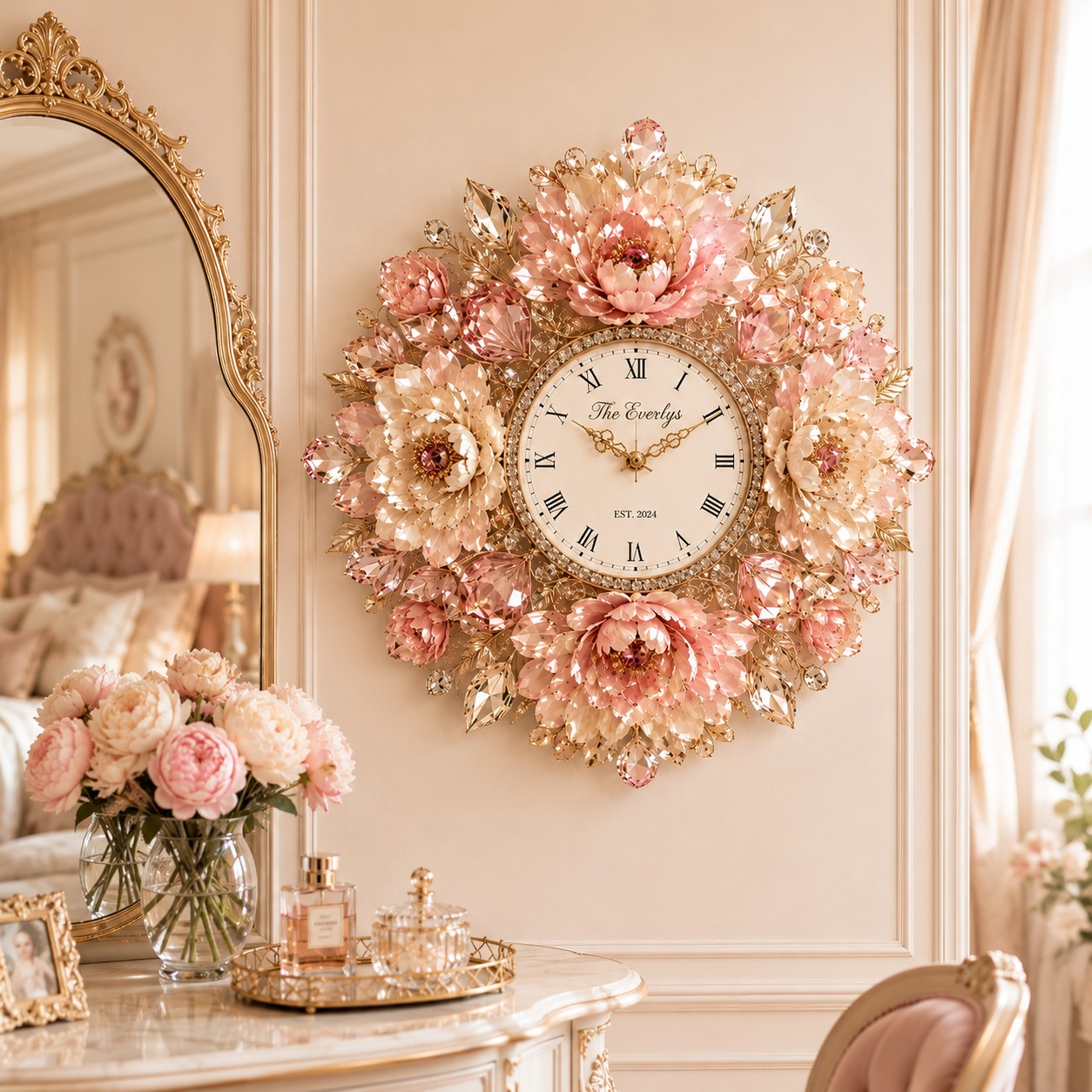 Personalized Peony Wall Clock with Custom Name — personalized with a custom name