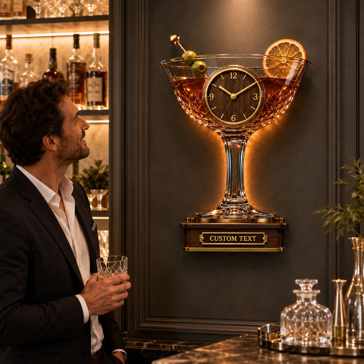 Personalized Cocktail Glass Wall Clock with Custom Name — personalized with a custom name