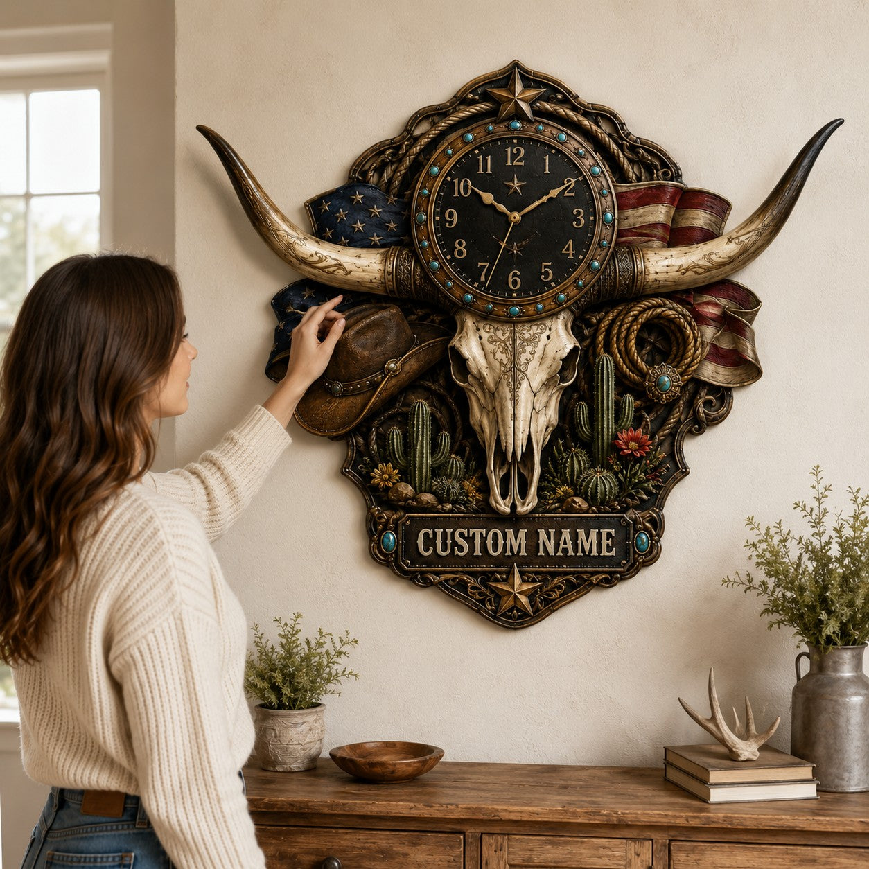 Personalized Patriotic Americana Wall Clock with Custom Name — personalized with a custom name