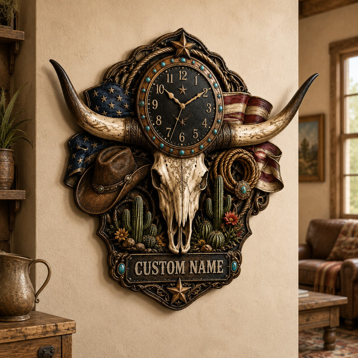 Personalized Patriotic Americana Wall Clock with Custom Name — personalized with a custom name
