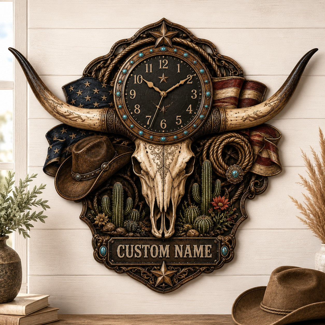 Personalized Patriotic Americana Wall Clock with Custom Name — personalized with a custom name