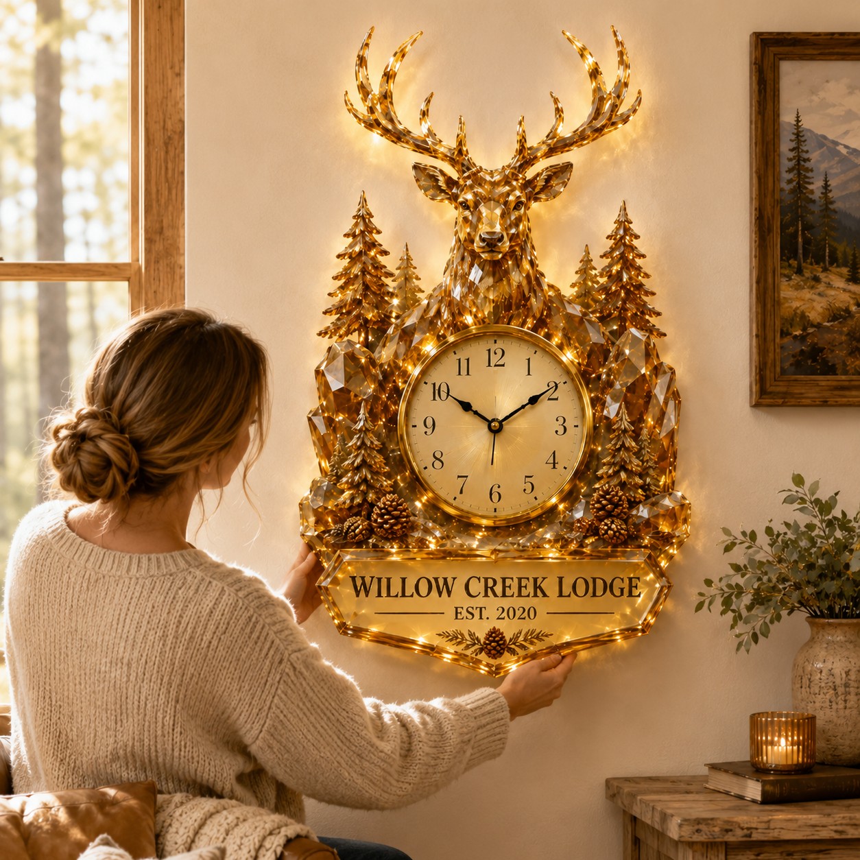 Personalized Deer Lodge Wall Clock with Custom Name — personalized with a custom name