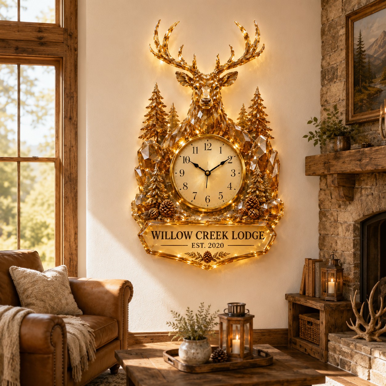 Personalized Deer Lodge Wall Clock with Custom Name — personalized with a custom name