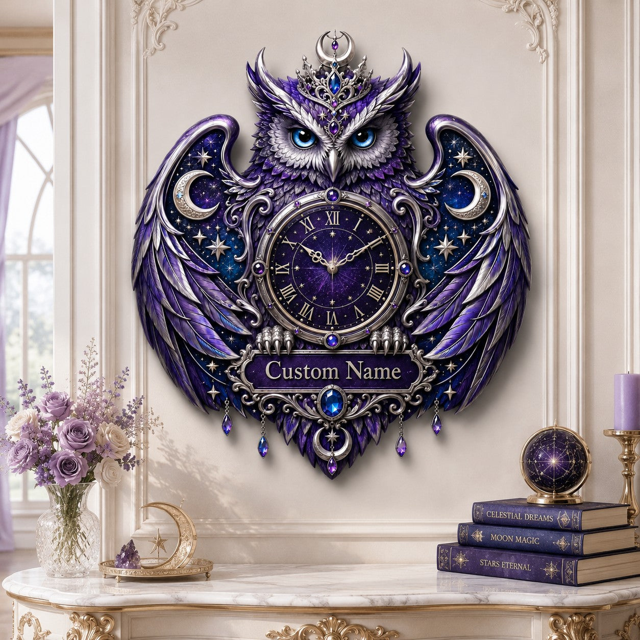 Personalized Purple Celestial Owl Wall Clock with Custom Name — personalized with a custom name