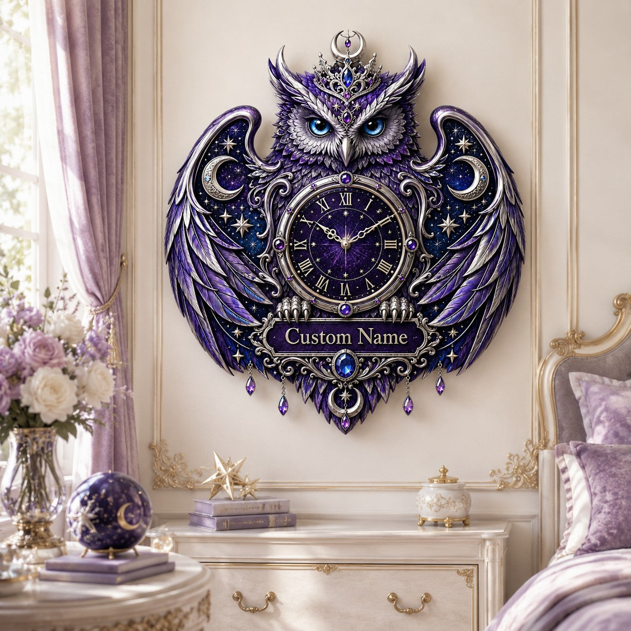 Personalized Purple Celestial Owl Wall Clock with Custom Name — personalized with a custom name