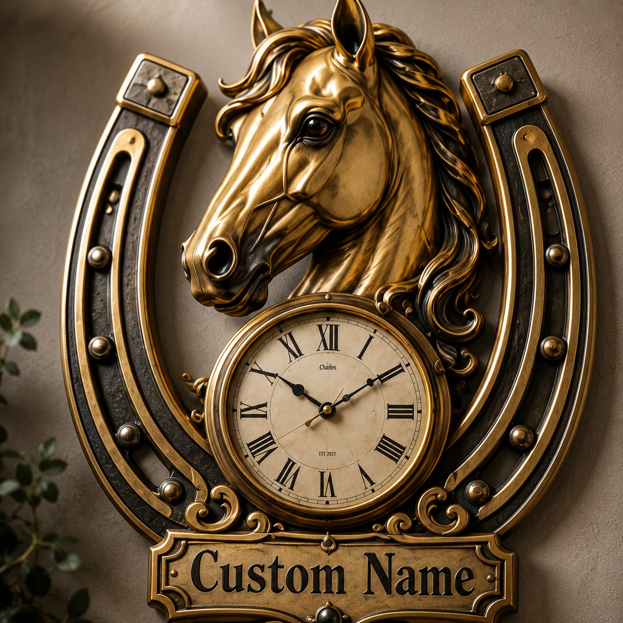 Personalized Horse Horseshoe Wall Clock with Custom Name — personalized with a custom name