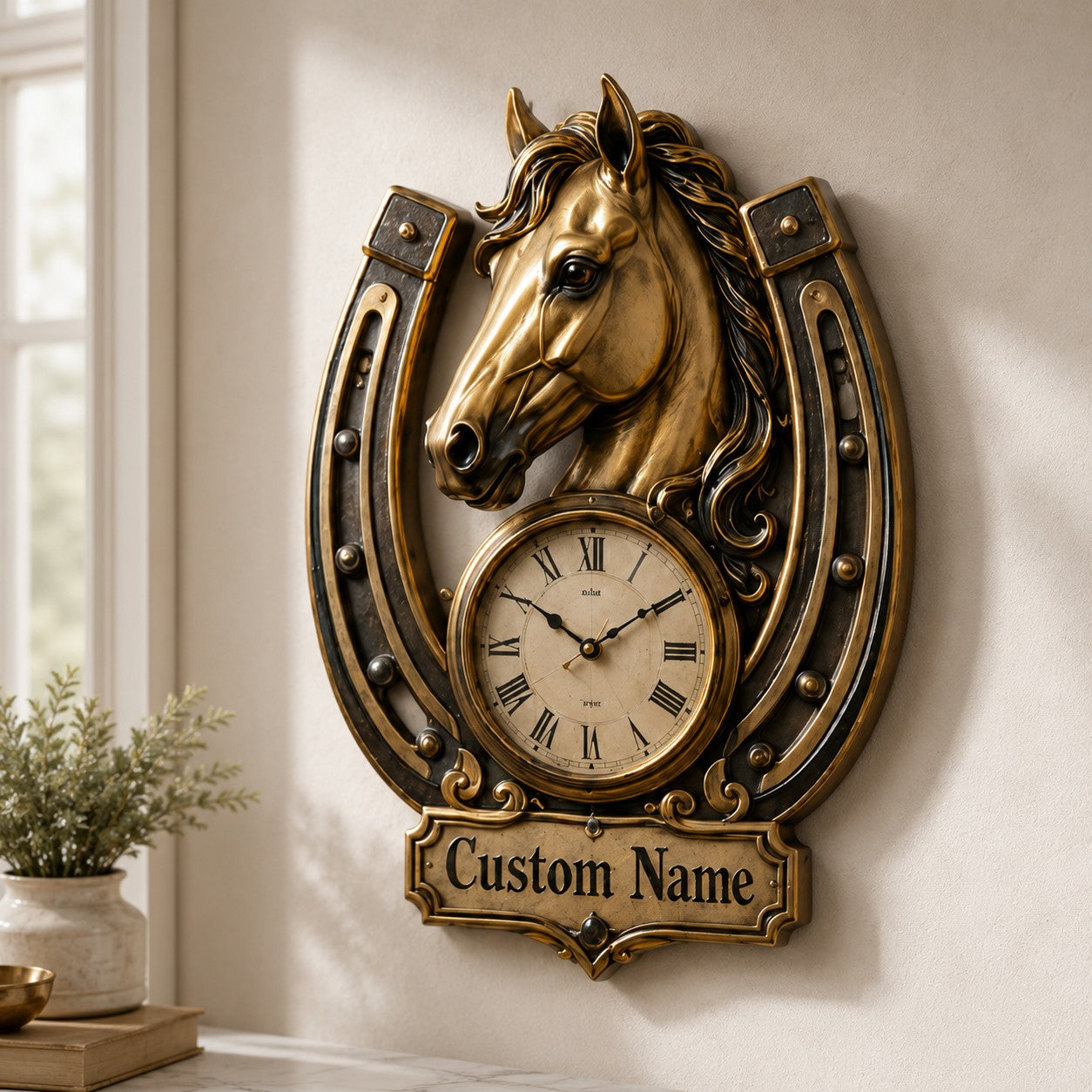 Personalized Horse Horseshoe Wall Clock with Custom Name — personalized with a custom name