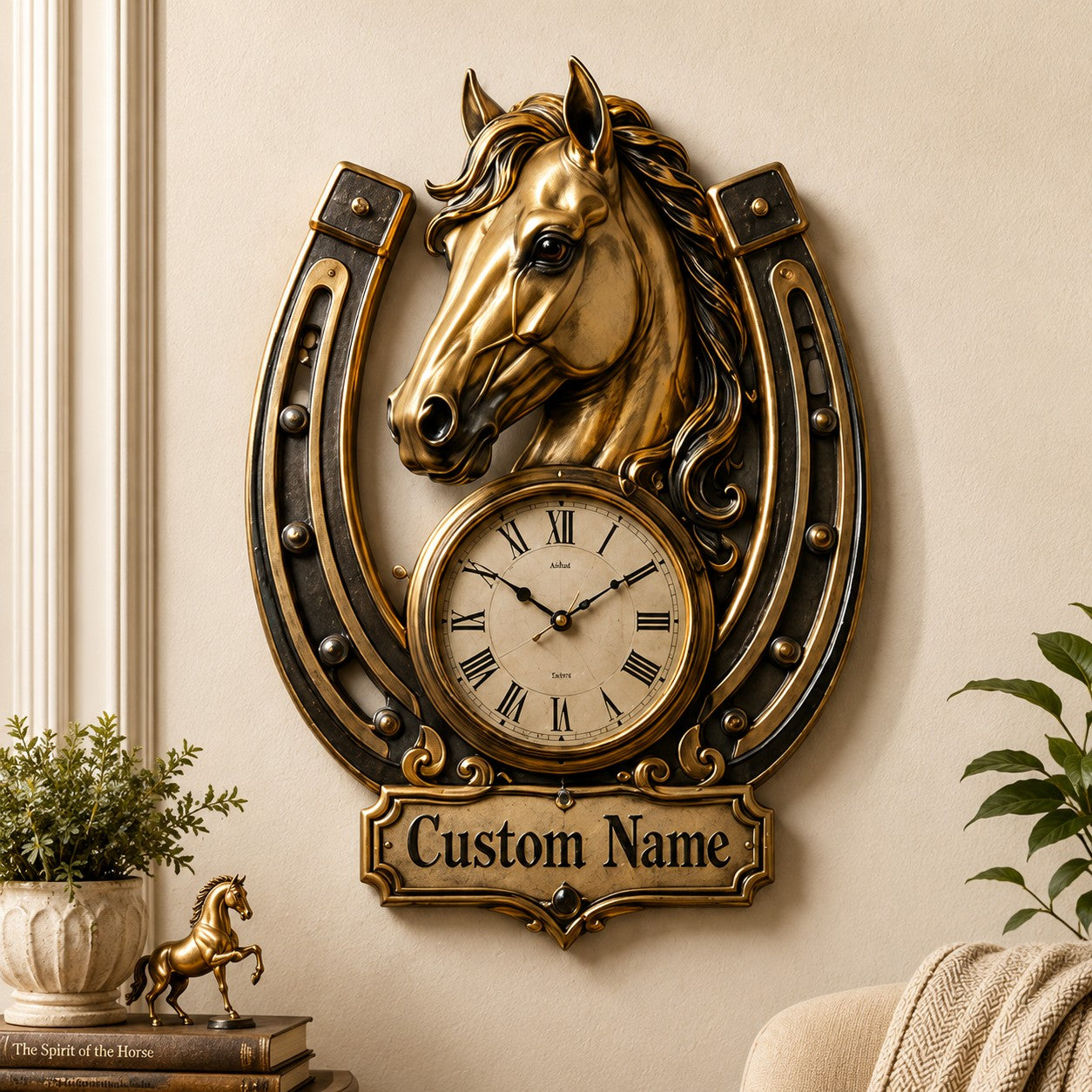 Personalized Horse Horseshoe Wall Clock with Custom Name — personalized with a custom name