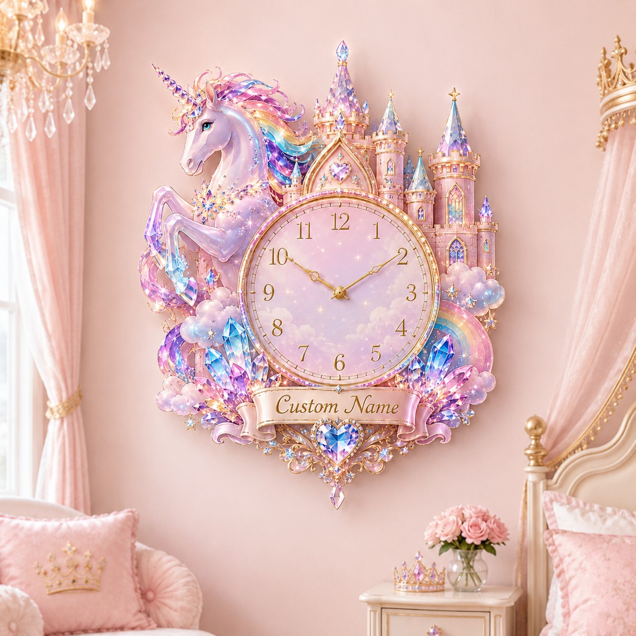 Personalized Unicorn Castle Wall Clock with Custom Name — personalized with a custom name