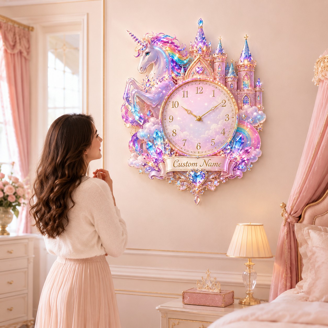 Personalized Unicorn Castle Wall Clock with Custom Name — personalized with a custom name