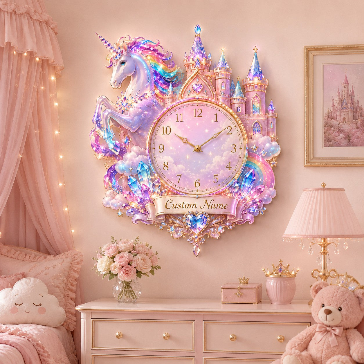 Personalized Unicorn Castle Wall Clock with Custom Name — personalized with a custom name