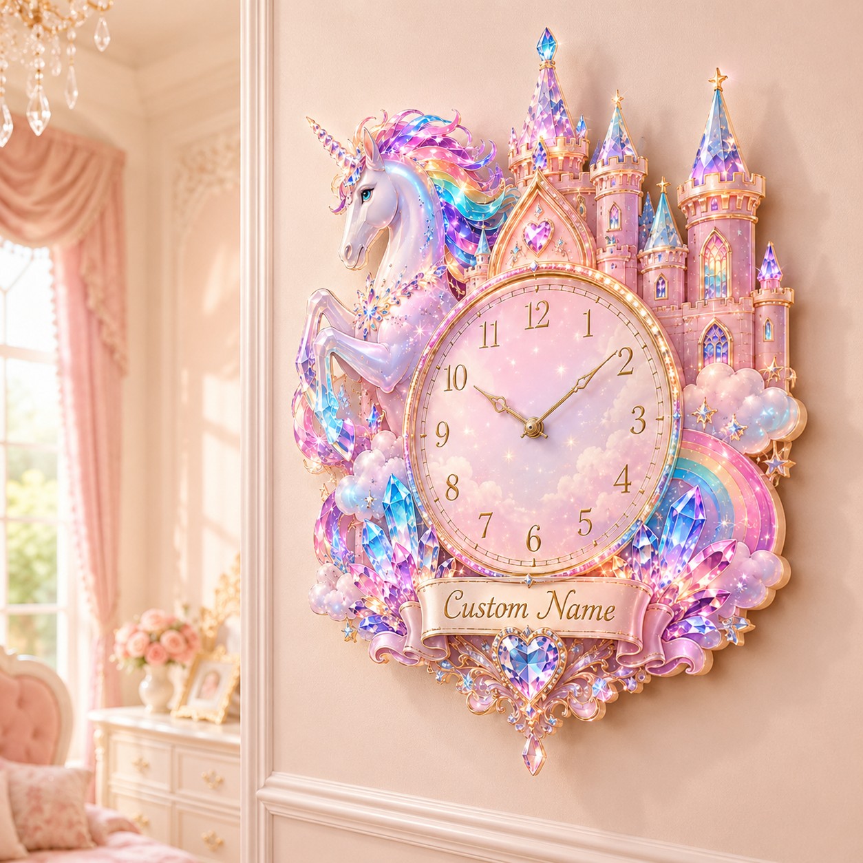 Personalized Unicorn Castle Wall Clock with Custom Name — personalized with a custom name