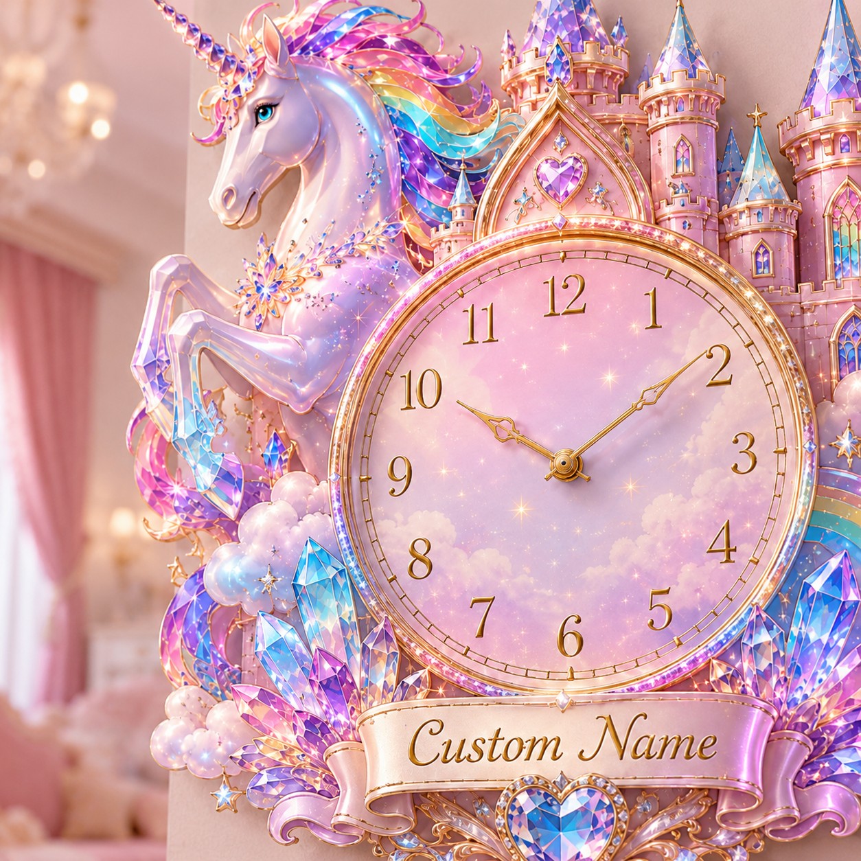 Personalized Unicorn Castle Wall Clock with Custom Name — personalized with a custom name