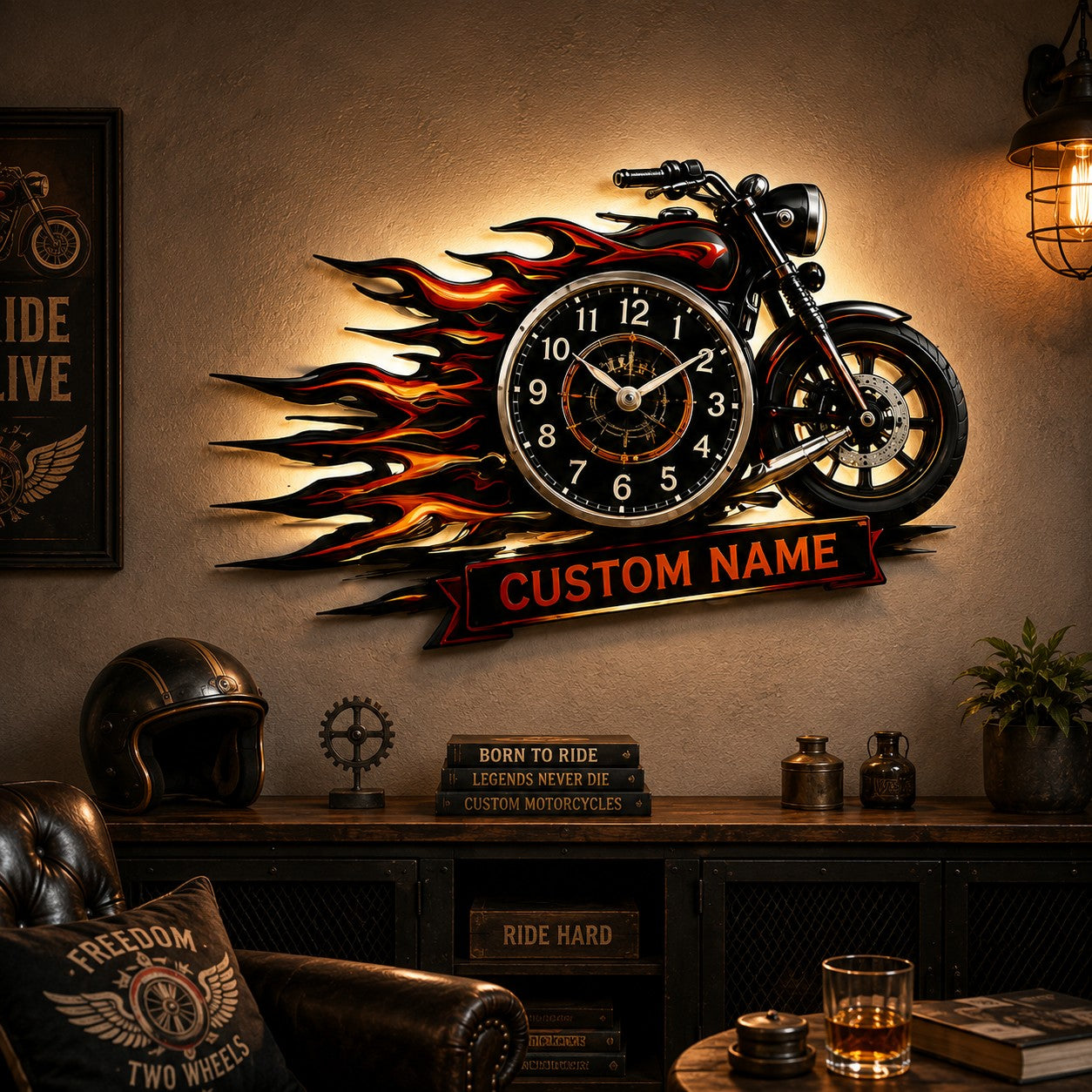 Personalized Flame Motorcycle Wall Clock, Custom Name Gift for Bikers — personalized with a custom name