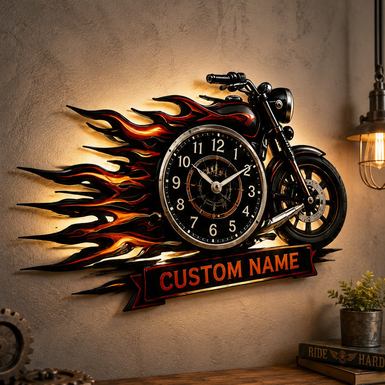 Personalized Flame Motorcycle Wall Clock, Custom Name Gift for Bikers — personalized with a custom name
